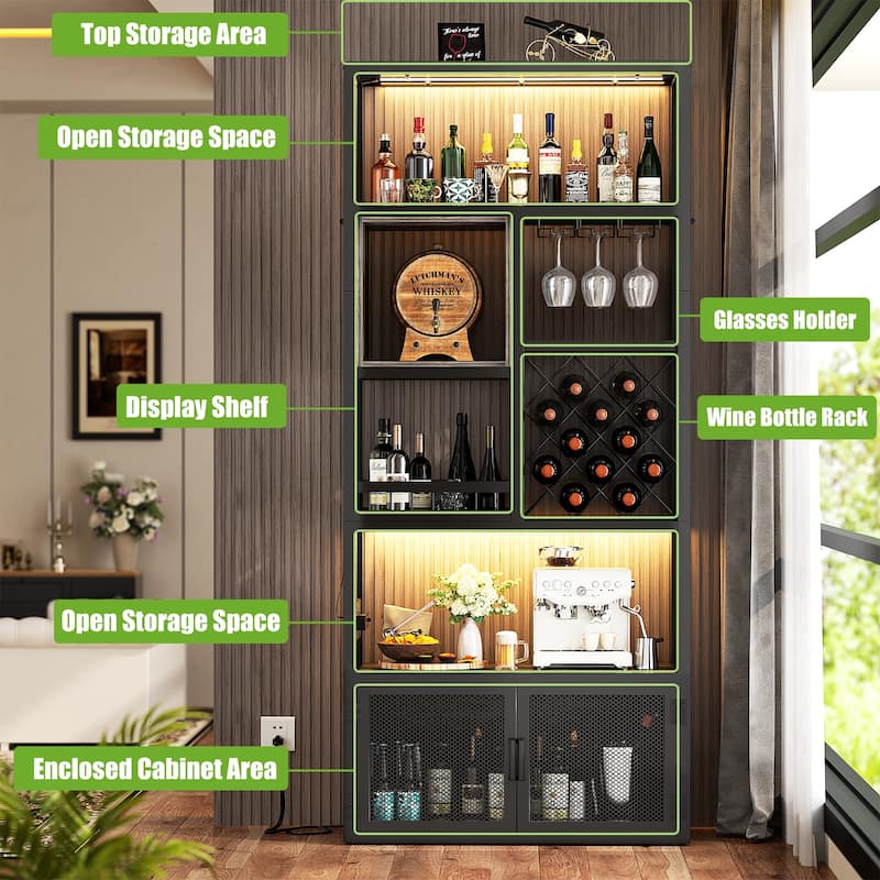 82.6" Tall Wine Cabinet with Glass Holder & Wine Rack，6-Tiers Liquor Storage Cabinet with LED Lights ＆ Charging Station