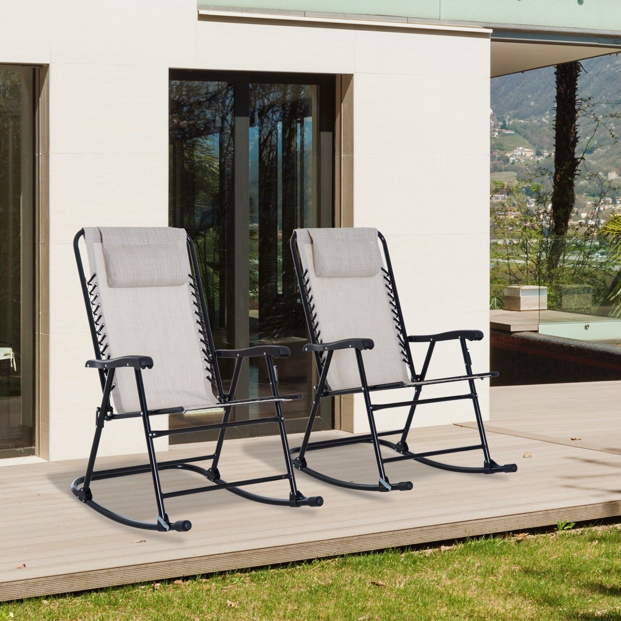 Outsunny Rocking Chair Set with Breathable Mesh Fabric Pillow Cream White
