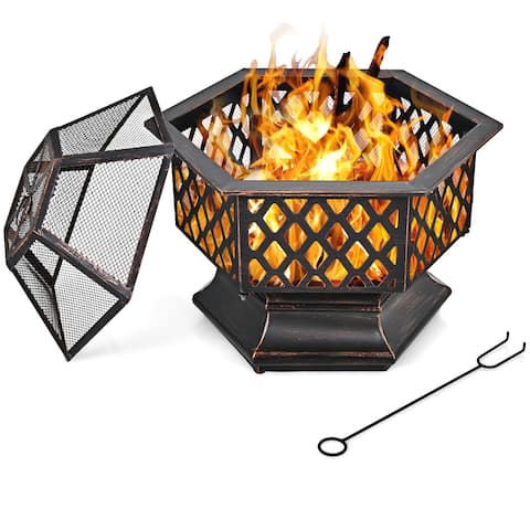 26''Outdoor Hex-shaped Fire Pit Wood Burning Bowl W/ Screen Cover and - See details
