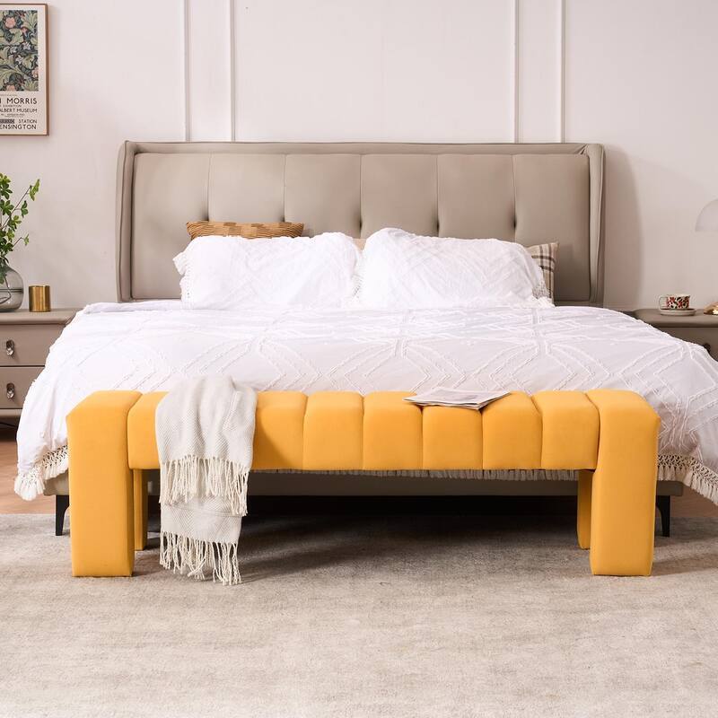 Upholstered Bedroom Bench Tufted Entryway Bench Modern End of Bed Bench Dining Bench with Gold/Black Metal Legs for Window