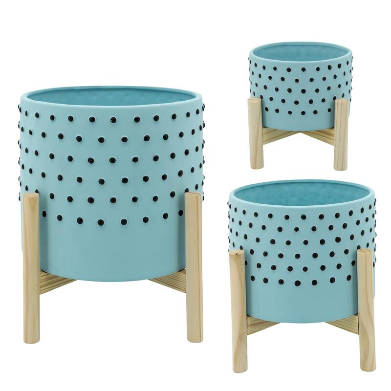 Sagebrook Home Ceramic Planter on Wooden Stand Contemporary Coastal Blue and Black Dotted Design Indoor or Outdoor - 10" x 10" x 11"