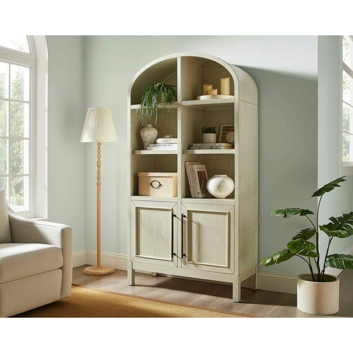 Modern Wood Arched Display Cabinet/Bookcase, Office Shelving, Storage Cabinet, Fully Assembled, White - 40"w x 76"h x 17"d - Wood Finish - White