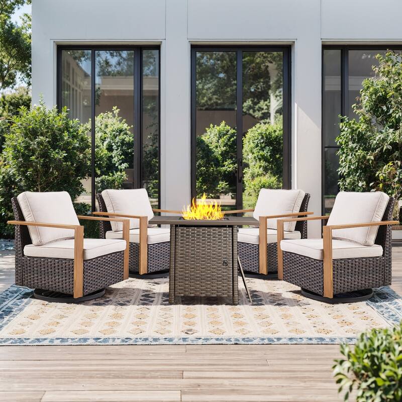 Pocassy Fire Pit Table with Outdoor Sofa Chair Ottoman Set - Brown Wicker Beige Cushion - 5-Piece Swivel Chair with Suqare Fire Table