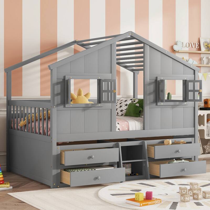 Full Size House Loft Bed with 4 Storage Drawers and Safety Guardrails