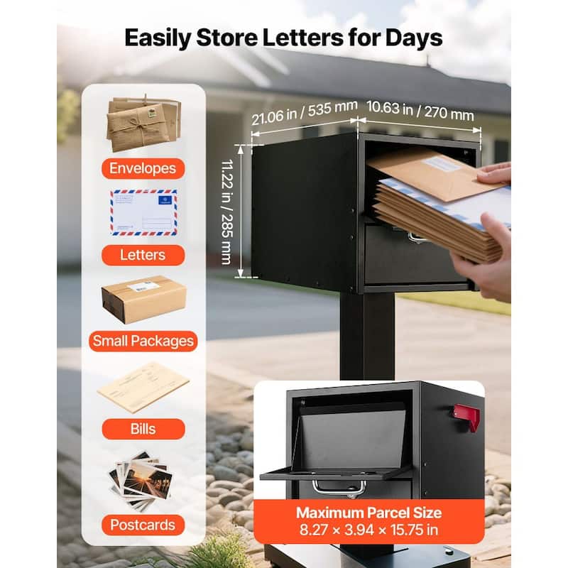 Black Steel Lockable Mailbox Post Mount with Anti-Theft Design and Magnetic Door - 21.06 x 10.63 x 11.22 in