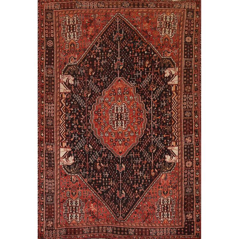 Black Tribal Shiraz Persian Vintage Area Rug Handmade Wool Carpet - 5'4"x 8'0"