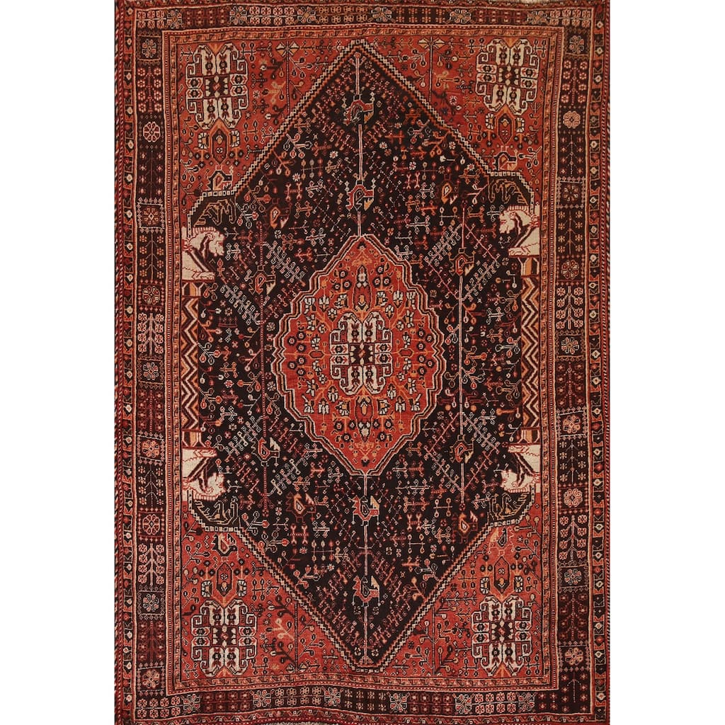 Black Tribal Shiraz Persian Vintage Area Rug Handmade Wool Carpet - 5'4"x 8'0"