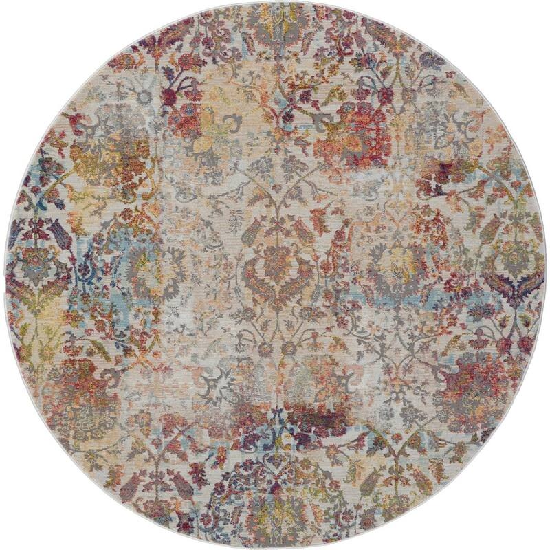 HomeRoots 6' Ivory Gray and Orange Floral Distressed Non Skid Round Rug - 72' X '72' X '0.5