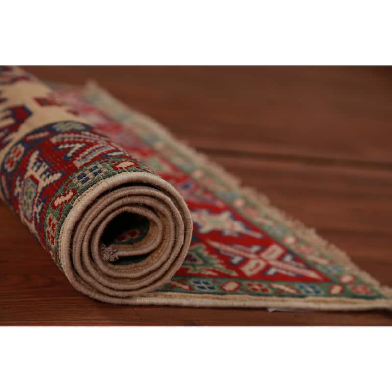 Traditional Kazak Foyer Rug Hand-Knotted Beige Wool Carpet - 2'8"x 4'0"