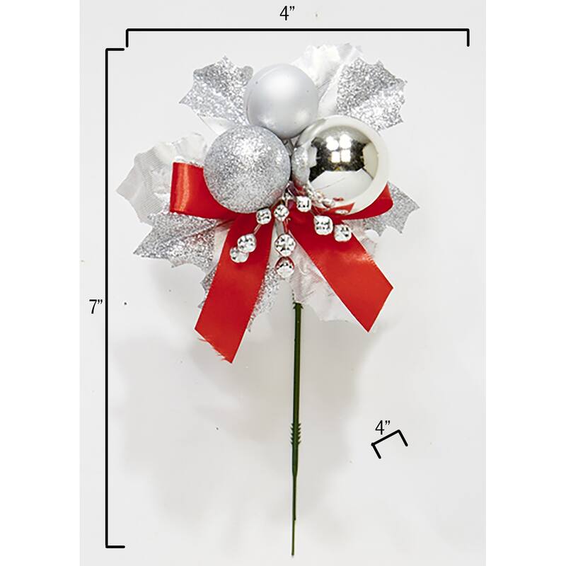 7" Christmas Ball Berry Leaves Pick, Silver, Set of 12 - 7