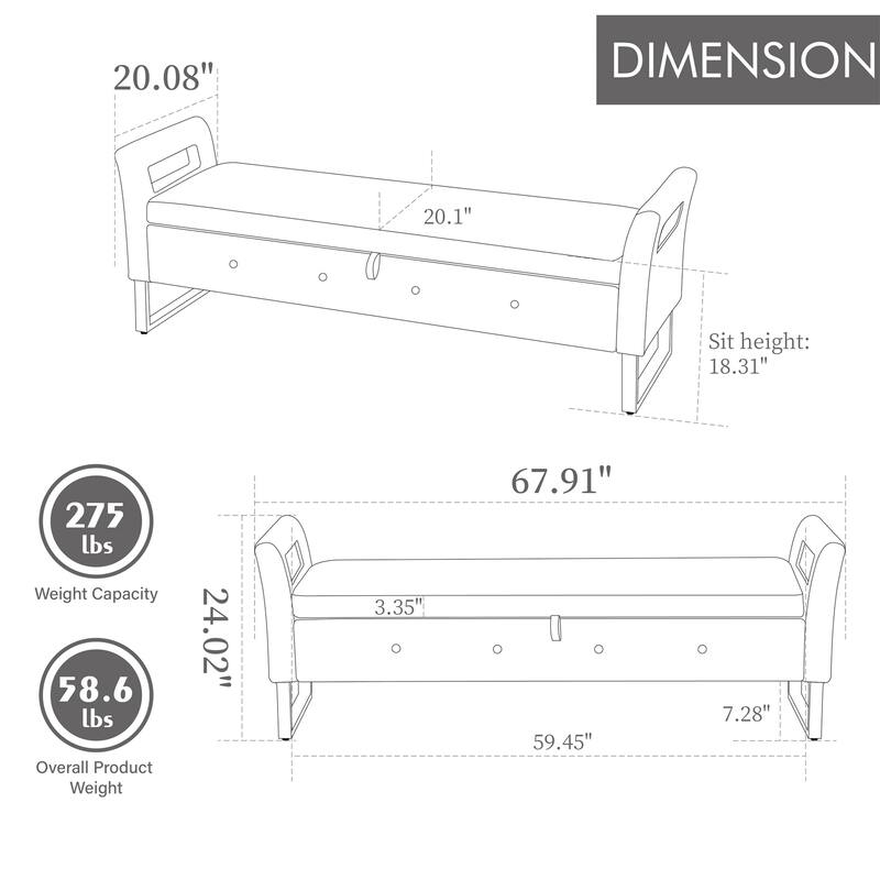 67.91" Velvet Storage Bench with Armrests and Wood Frame for Bedroom