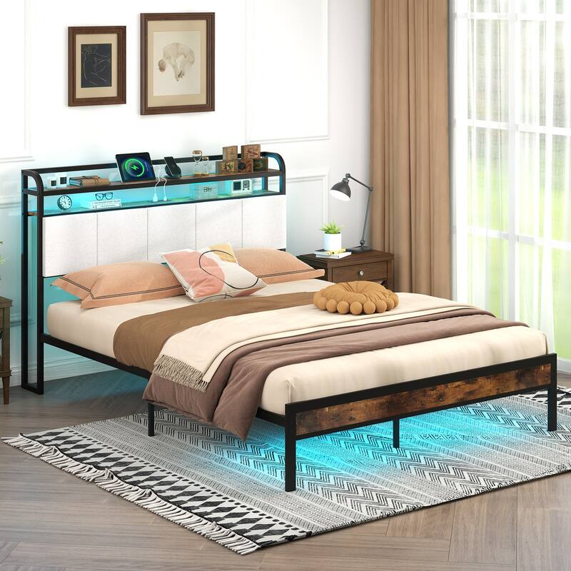 Bed Frame with LED Lights Charging Ports and Storage Headboard