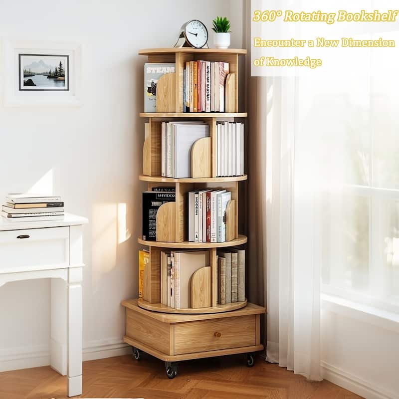 Anmytek 360 Rotating Corner Bookshelf with Wheels Space Saving Storage for Small Rooms