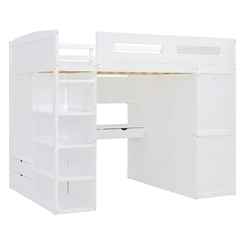 Full Size Solid Wood Loft Bed with Desk, Wardrobes, and Shelves