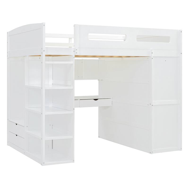 Solid Wood Loft Bed with Desk, Wardrobes, and Shelves