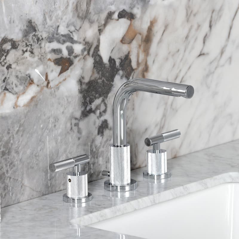 Kingston Brass Convergent Two-Handle 3-Hole Deck Mount Widespread Bathroom Faucet with Knurled Handle and Brass Pop-Up Drain