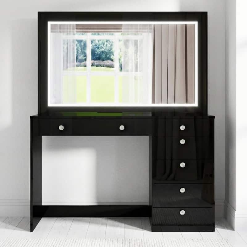 Boahaus Vanity Desk, Crystal Knobs, LED Lights, 7 Drawers