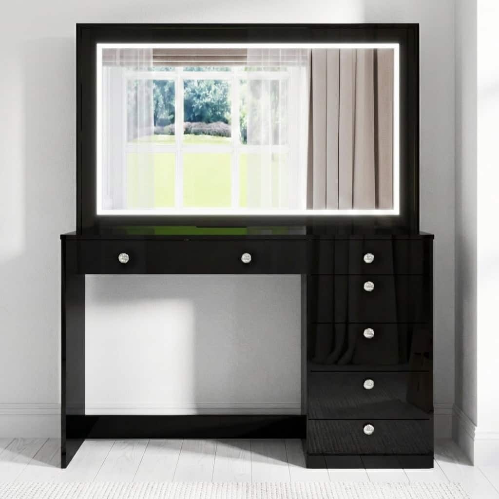 Boahaus Vanity Desk, Crystal Knobs, LED Lights, 7 Drawers