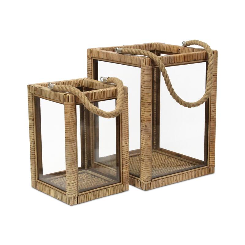 Rattan Wrapped Wooden Candle Lantern - 15" - Set of 2