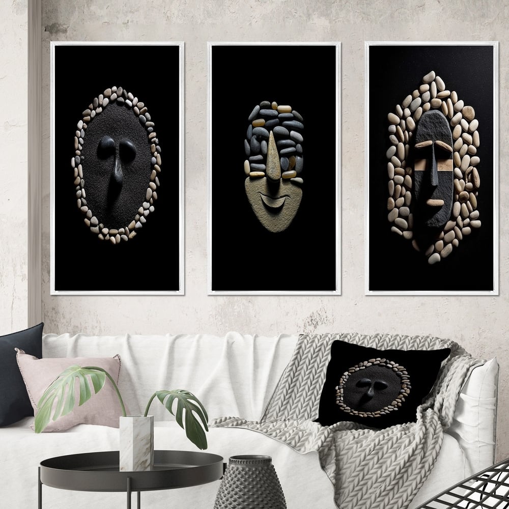 Designart "Black And White African Tribal Mask IV" African Framed Wall Art Set Of 3 Frame Gallery Set For Office Decor