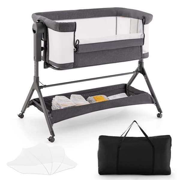 slide 2 of 18, Height Adjustable Bedside Sleeper with Storage Bag and Soft Mattress for Baby - 24.5" x 40" x 29.5"-34.5" Grey