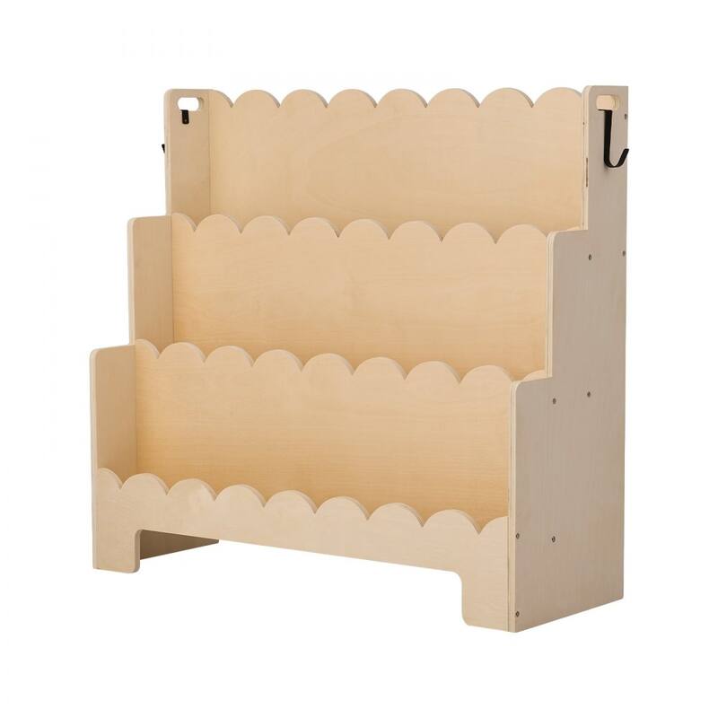Natural Wood Kids Montessori Bookshelf with 3 Compartments and Side Hooks for Toys and Supplies - 29.53 x 10.63 x 27.56 in