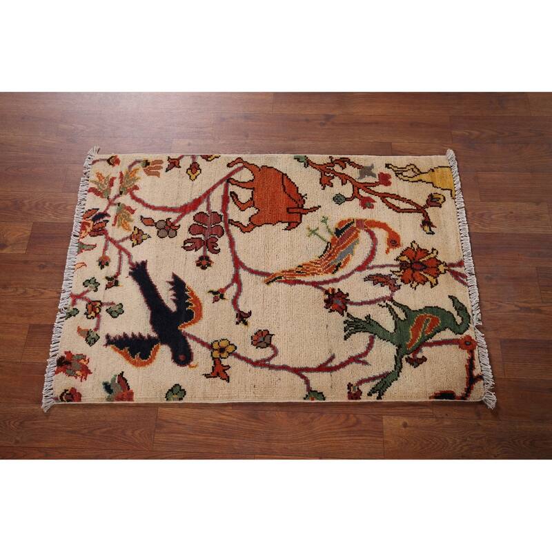 Animals Design Ziegler Oriental Accent Rug Hand-Knotted Wool Carpet - 2'0" x 2'10"