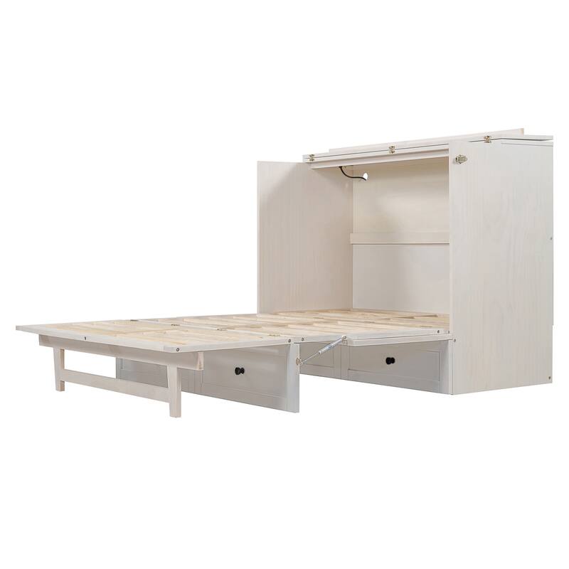 Space-Saving Full Size Murphy Bed with USB Ports and Storage Drawers, Brushed White