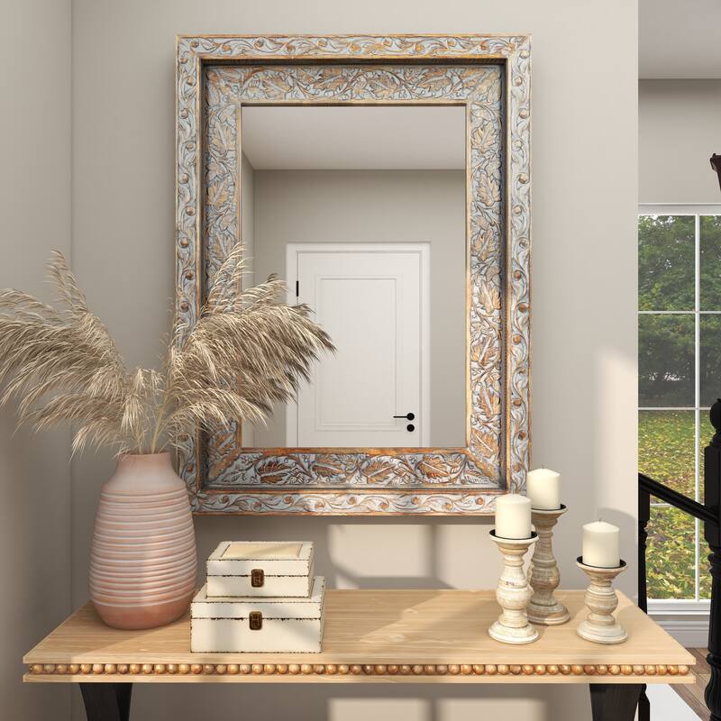 Gray Wood Handmade Intricately Carved Floral Room Wall Mirror