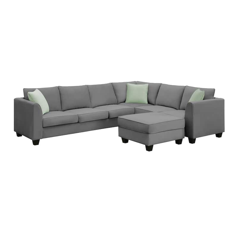 112-inch L-shaped 7-seat Modular Sectional Sofa with Ottoman and Three Pillows - 112"W x 87"D x 33"H - Grey