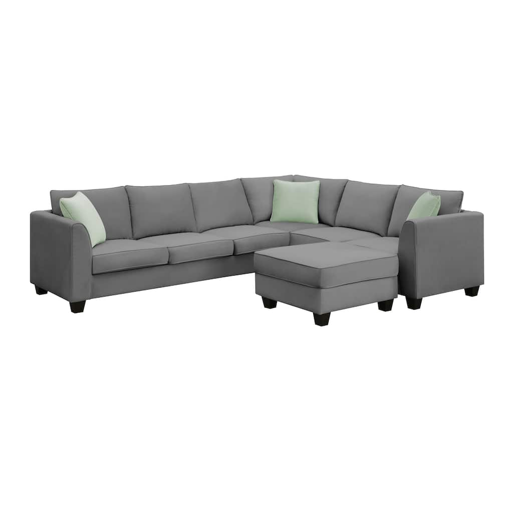 112-inch L-shaped 7-seat Modular Sectional Sofa with Ottoman and Three Pillows - 112"W x 87"D x 33"H
