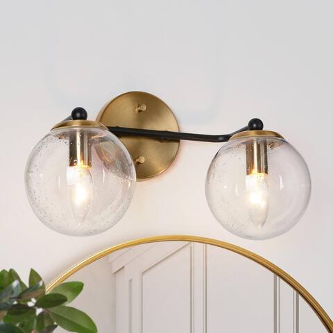Modern 2-Light Black Gold Bathroom Vanity Lights Globe Glass Wall Sconces - 14.5" L x 7.5" W x 8" H