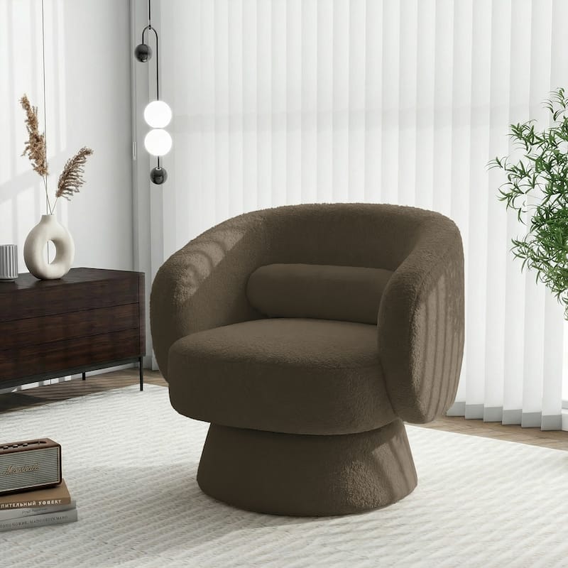 360° Swivel Accent Chair, Round Barrel Upholstered Armchair with Lumbar Cushion