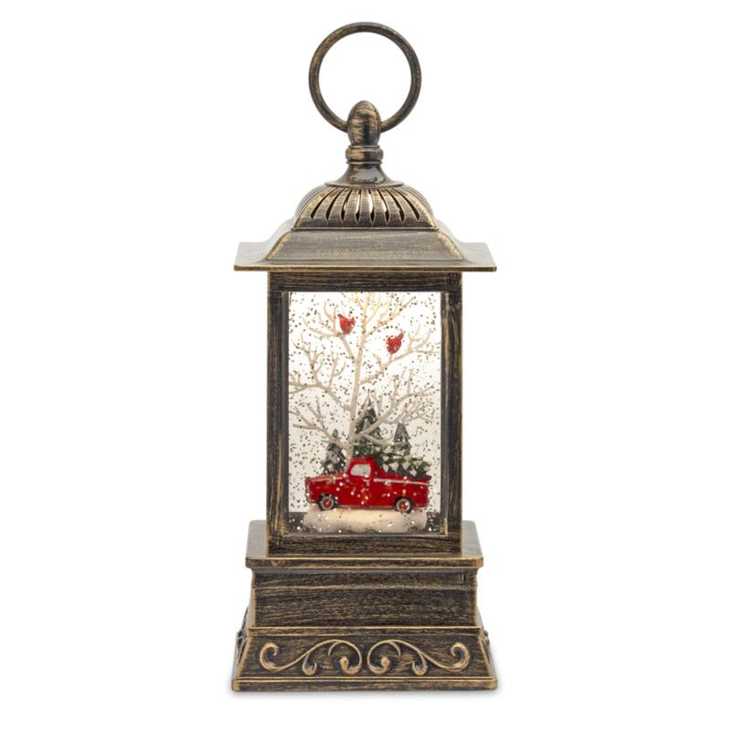 11" Bronze and Clear Snow Globe with Truck Candle Lantern