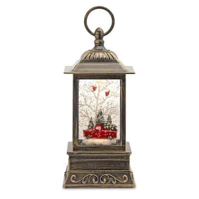 11" Bronze and Clear Snow Globe with Truck Candle Lantern