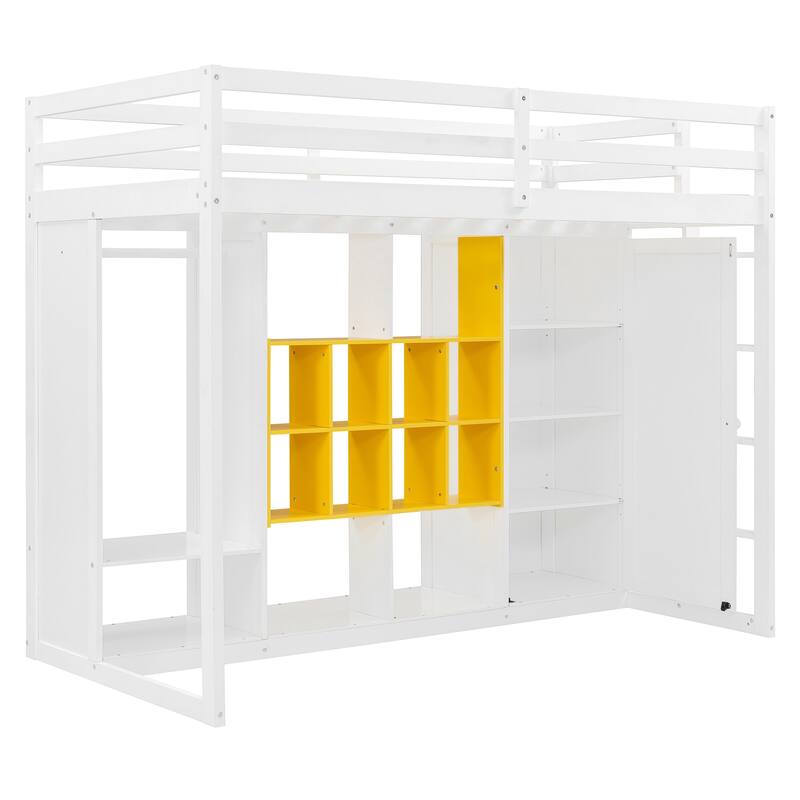 Twin/Full Size Versatile Loft Bed with Wardrobe, Storage Bed Frame with Multi-Shelves and Clothes Hanging Rod