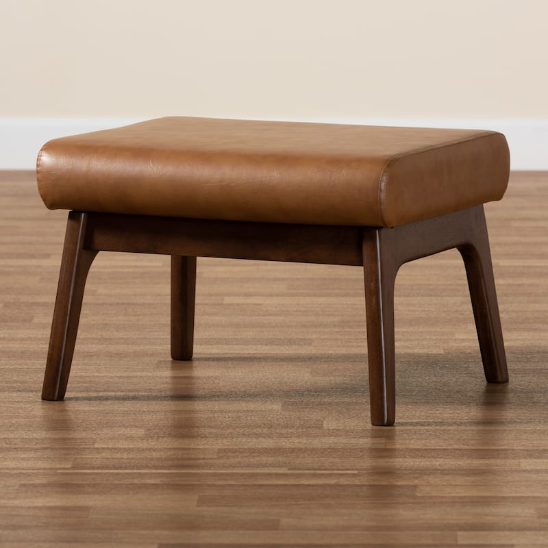 Bianca Mid-Century Walnut Finished Wood and Tan Faux Leather Ottoman