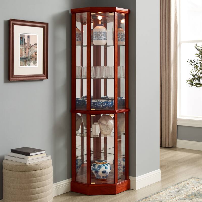 Corner Curio Cabinet with Lights, Floor Standing Display Cabinet, China Cabinet with Tempered Glass Shelves & Mirror Back