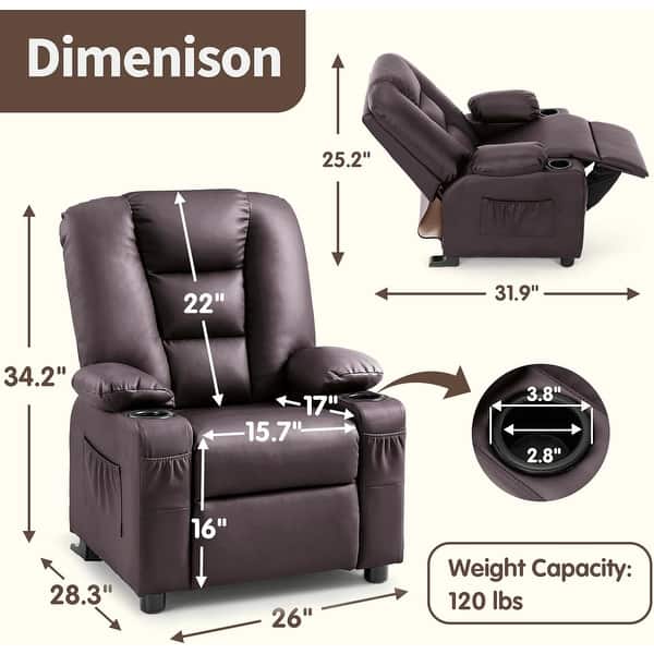 dimension image slide 0 of 11, MCombo Big Kids Recliner Chair for Toddler Boys and Girls Faux Leather - 28.3"(L)x26.4"(W)x34.2"(H)