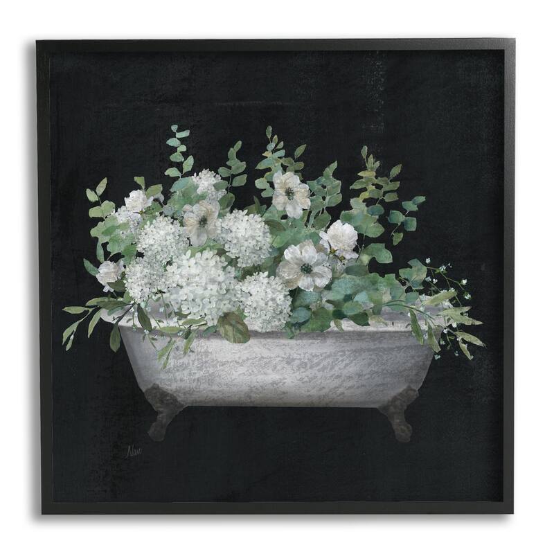 Stupell Vintage Clawed Bathtub Botanical White Flower Bouquet Framed Wall Art - Black - 12 x 12 - Black