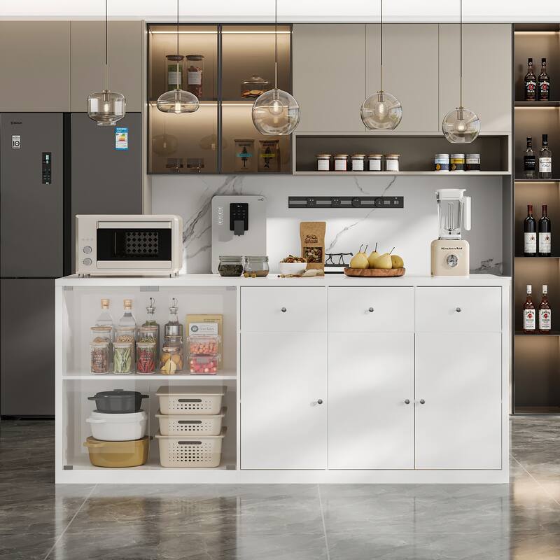 Modern Kitchen Island Buffet Cabinet with Storage Drawers and Tempered Glass Shelves, White Sideboard Cupboard
