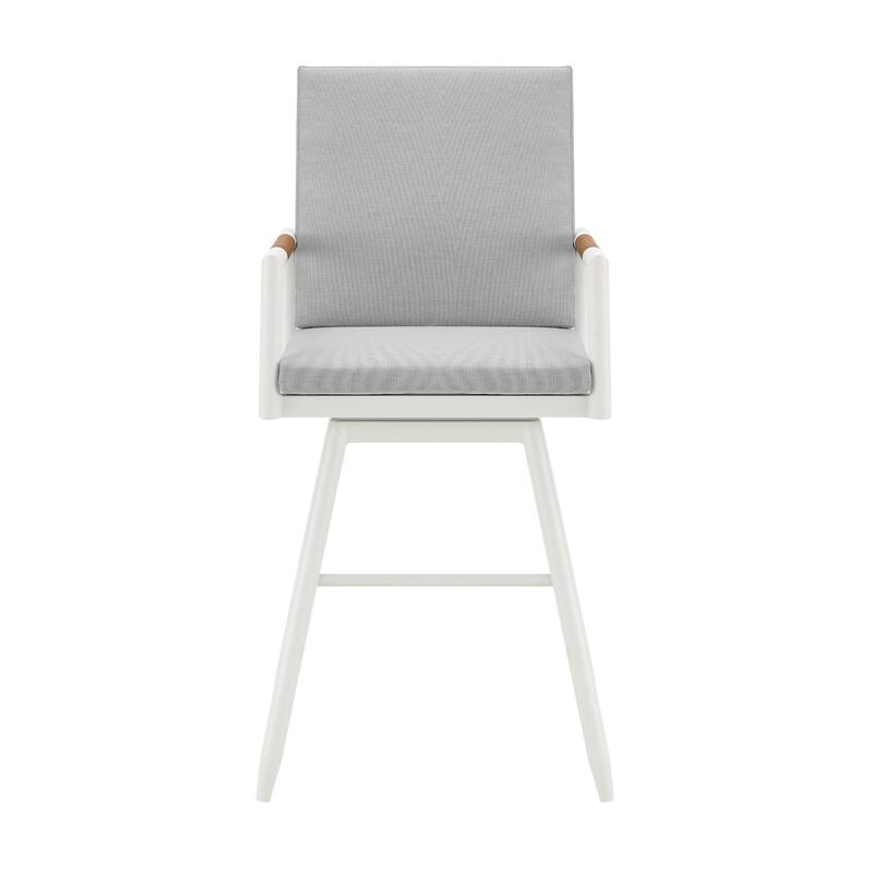 Razi 30 Inch Outdoor Swivel Barstool Chair, White Aluminum, Gray Cushions