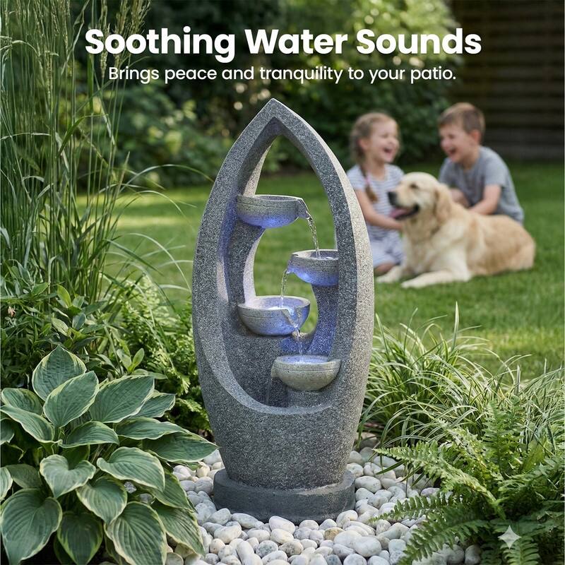 4 Tier Flowing Water Indoor/Outdoor Fountain Modern Hollow Oval and Blue Lighting Healing Decor