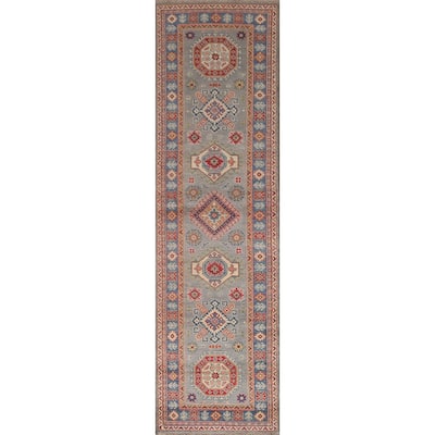 Traditional Geometric Kazak Oriental Grey Wool Runner Rug Hand-knotted - 2'8" x 9'9"