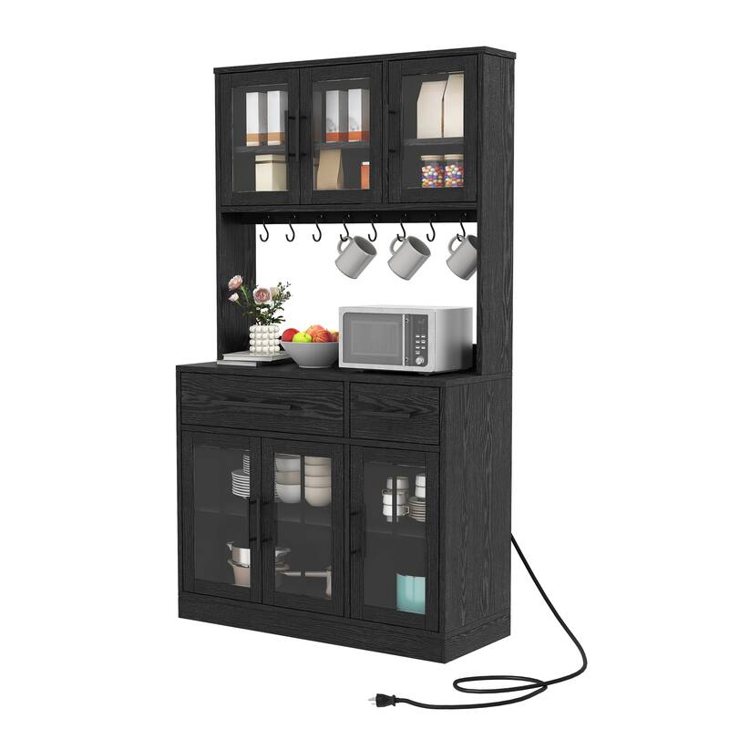 71" Tall Kitchen Pantry Hutch Storage Cabinet with Power Outlet,Freestanding Cupboard Storage Buffet with Drawers & Glass Doors