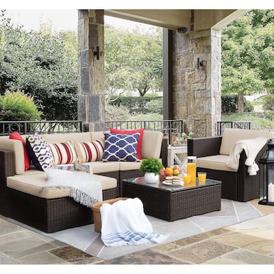 6-piece Cushioned Faux Rattan Patio Sectional Sofa Conversation Set