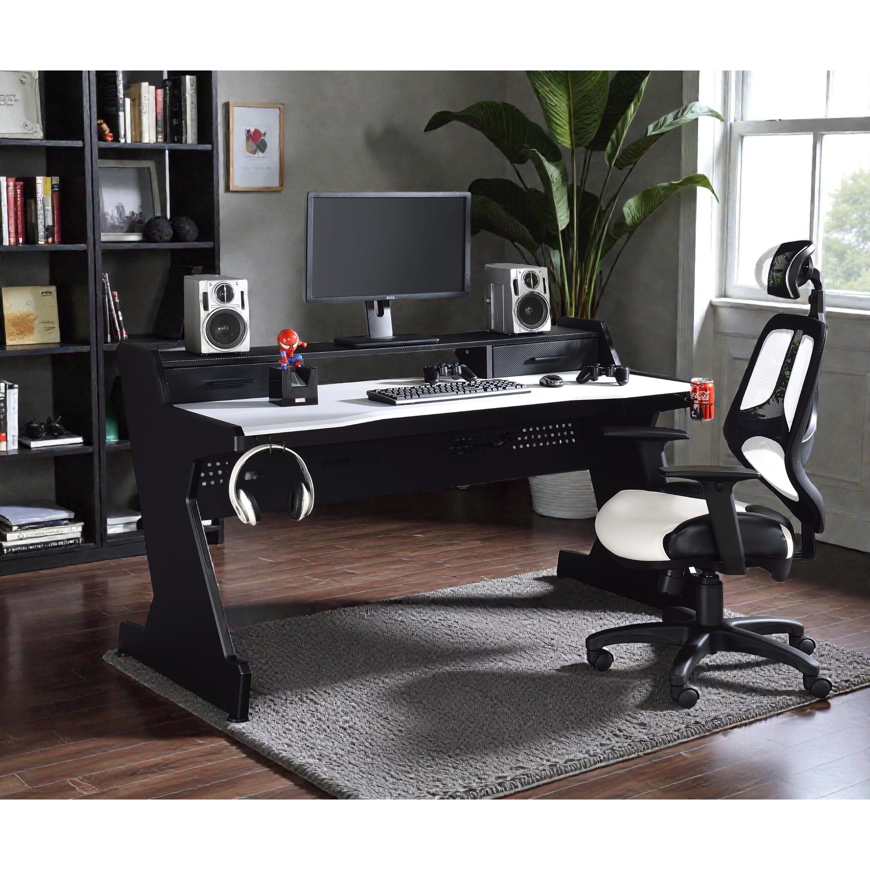 Black and White Gaming Desk with Drawers and Storage Compartment, Modern Computer Desk with Shelf