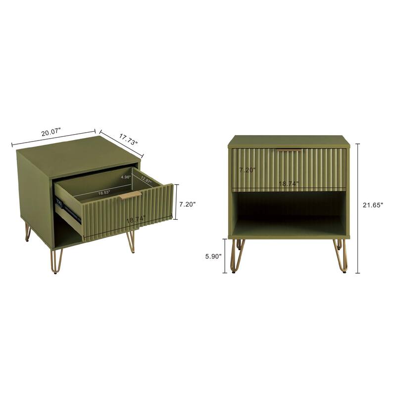 20inch Fluted Nightstand in Olive Green with Gold Handles and Splayed Legs