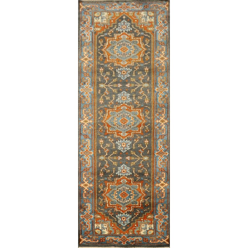 Hand Knotted Oriental 100% Wool Carpet Transitional Floral Greys & Charcoal Oushak Runner Rug - 8' 0'' X 2' 7''