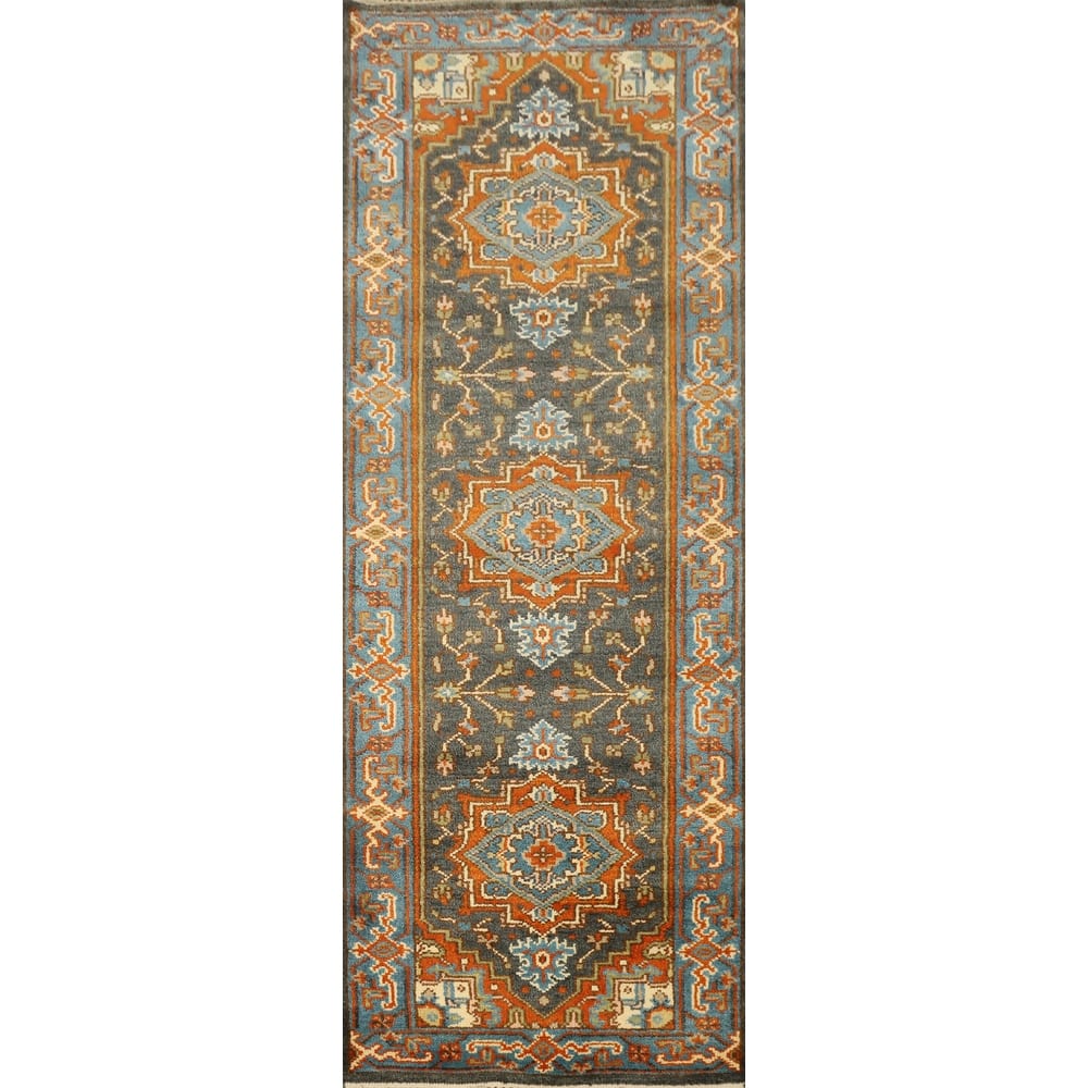 Hand Knotted Oriental 100% Wool Carpet Transitional Floral Greys & Charcoal Oushak Runner Rug - 8' 0'' X 2' 7''